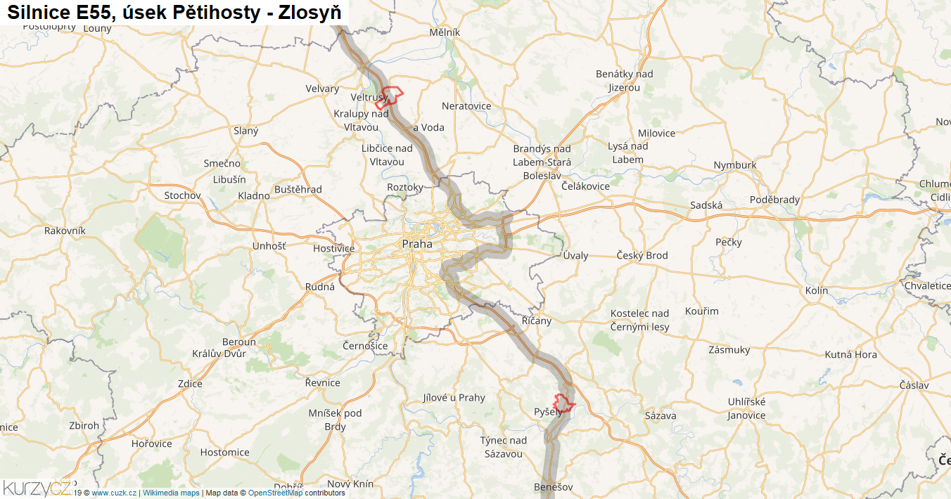 Úsek Pětihosty - Zlosyň, Silnice E55 - Mapa