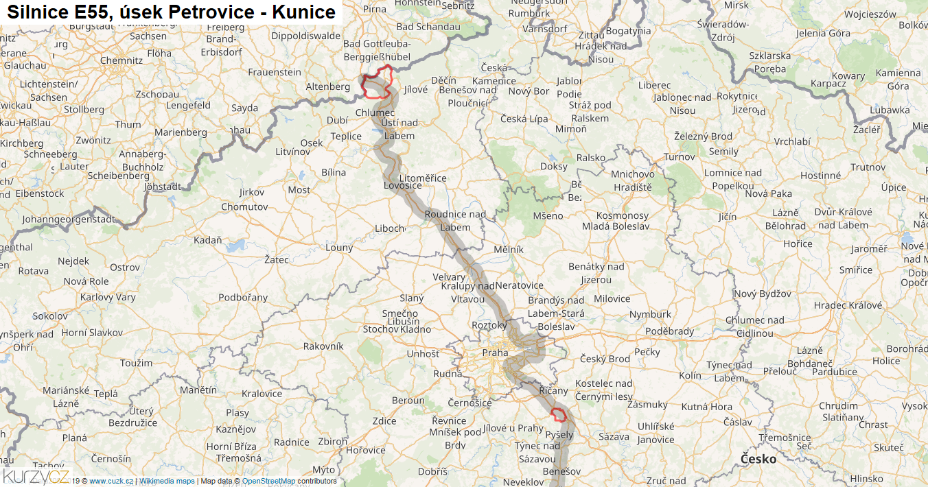 Úsek Petrovice - Kunice, Silnice E55 - Mapa