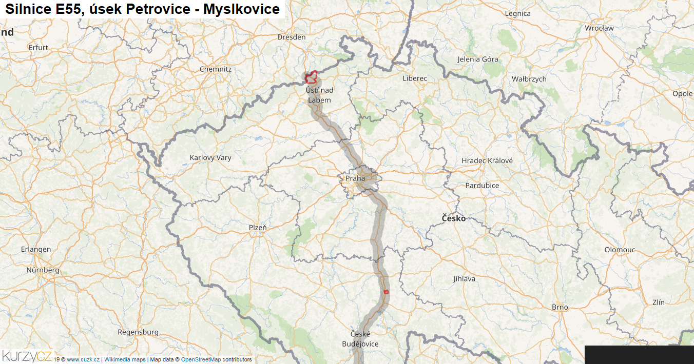 Úsek Petrovice - Myslkovice, Silnice E55 - Mapa