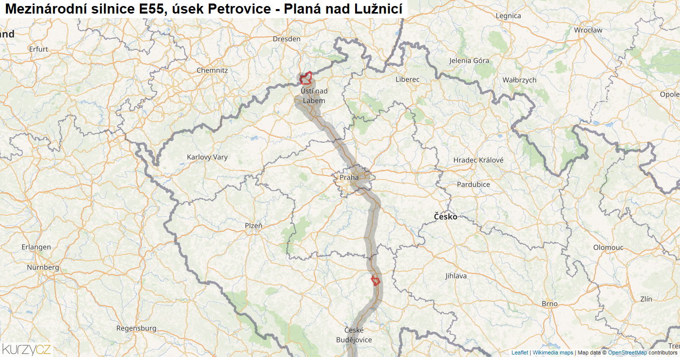 Úsek Petrovice - Planá nad Lužnicí, Silnice E55 - Mapa