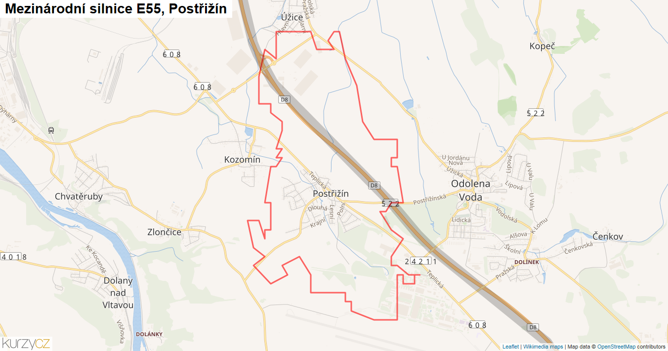 Postřižín, Silnice E55 - Mapa