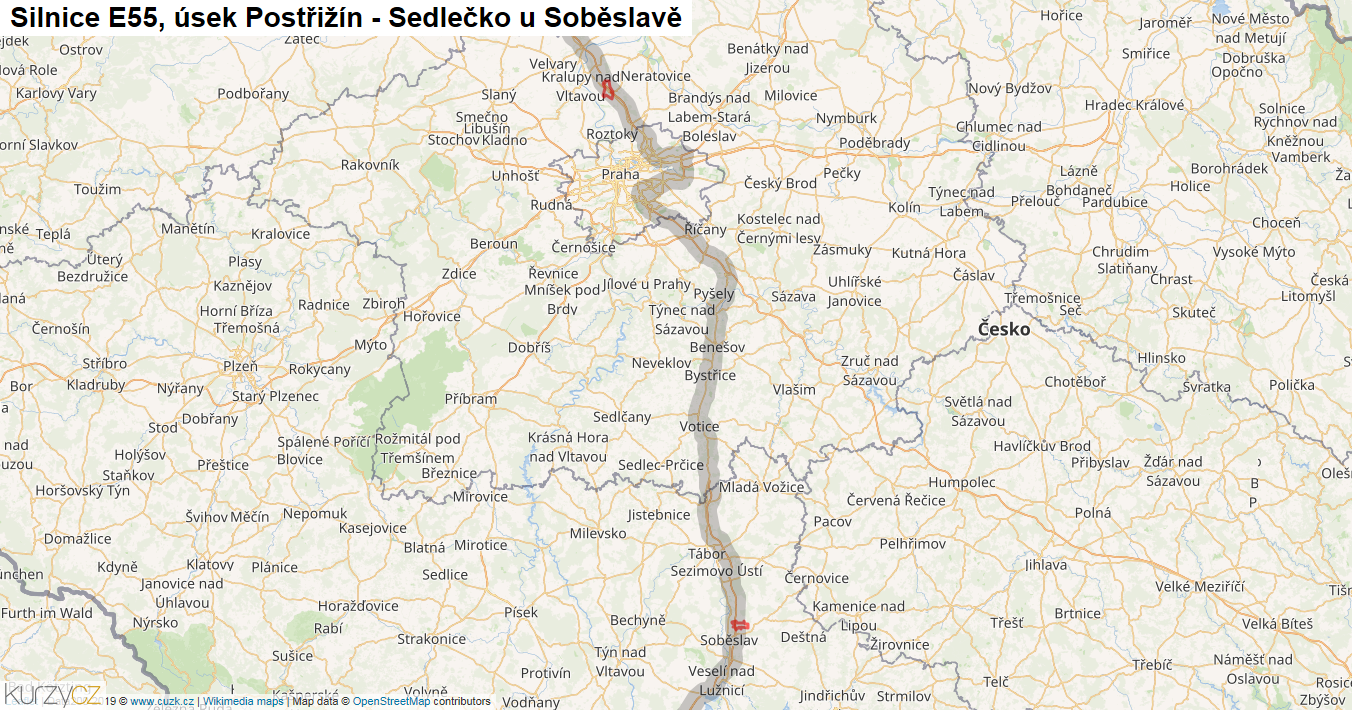 Úsek Postřižín - Sedlečko u Soběslavě, Silnice E55 - Mapa