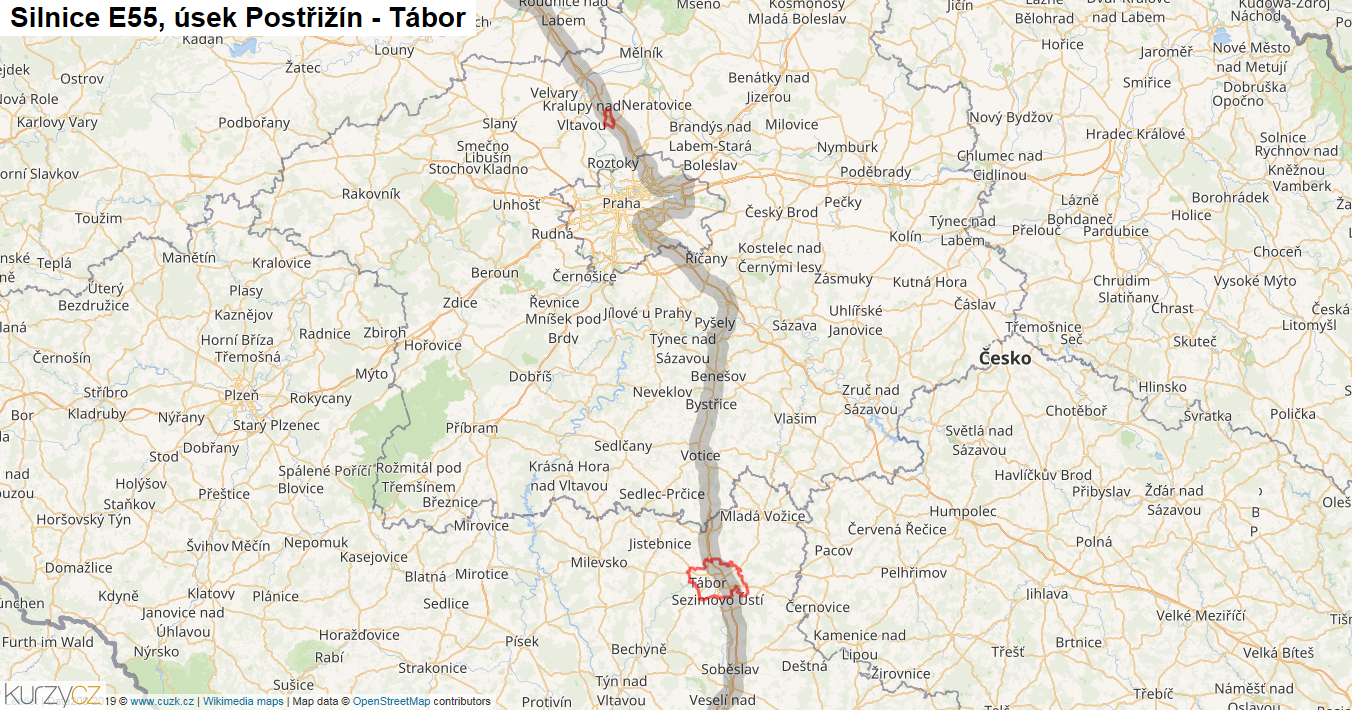 Úsek Postřižín - Tábor, Silnice E55 - Mapa