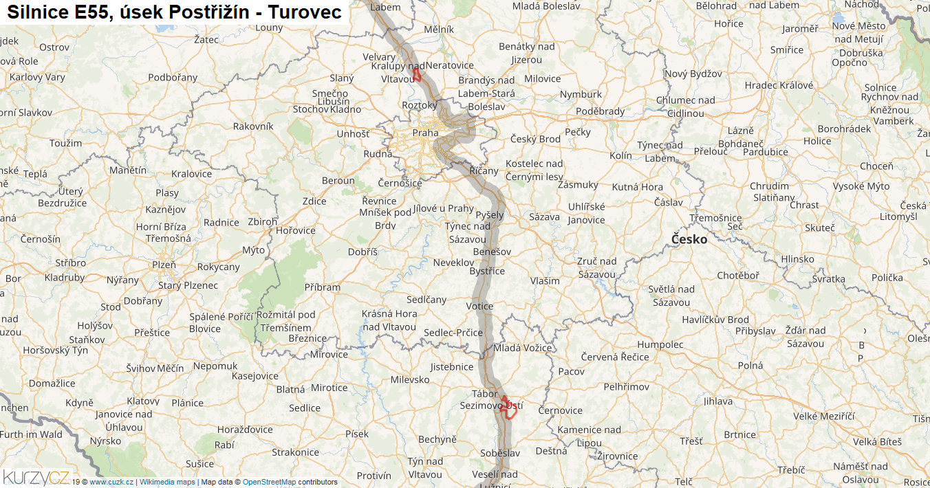 Úsek Postřižín - Turovec, Silnice E55 - Mapa