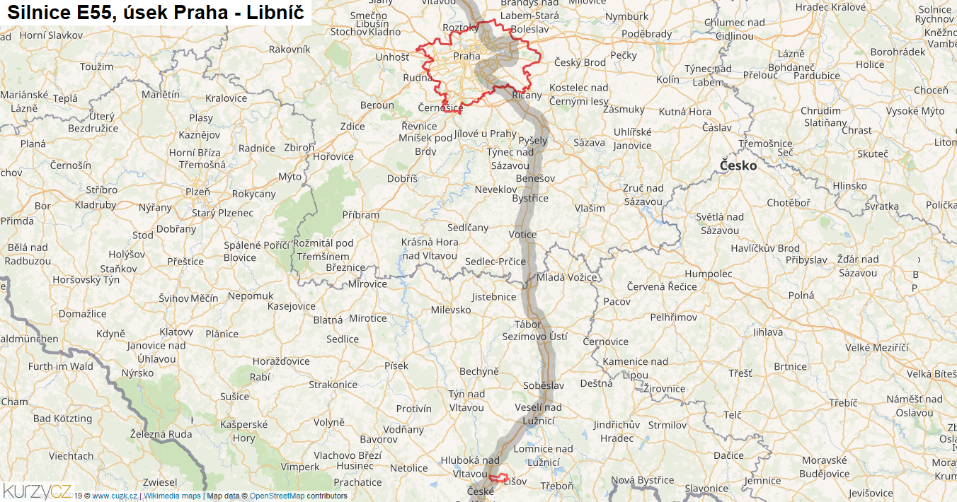 Úsek Praha - Libníč, Silnice E55 - Mapa