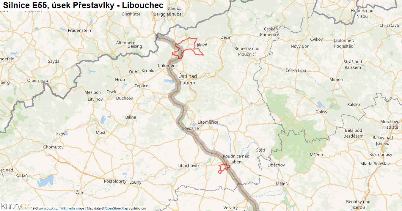 Úsek Přestavlky - Libouchec, Silnice E55 - Mapa