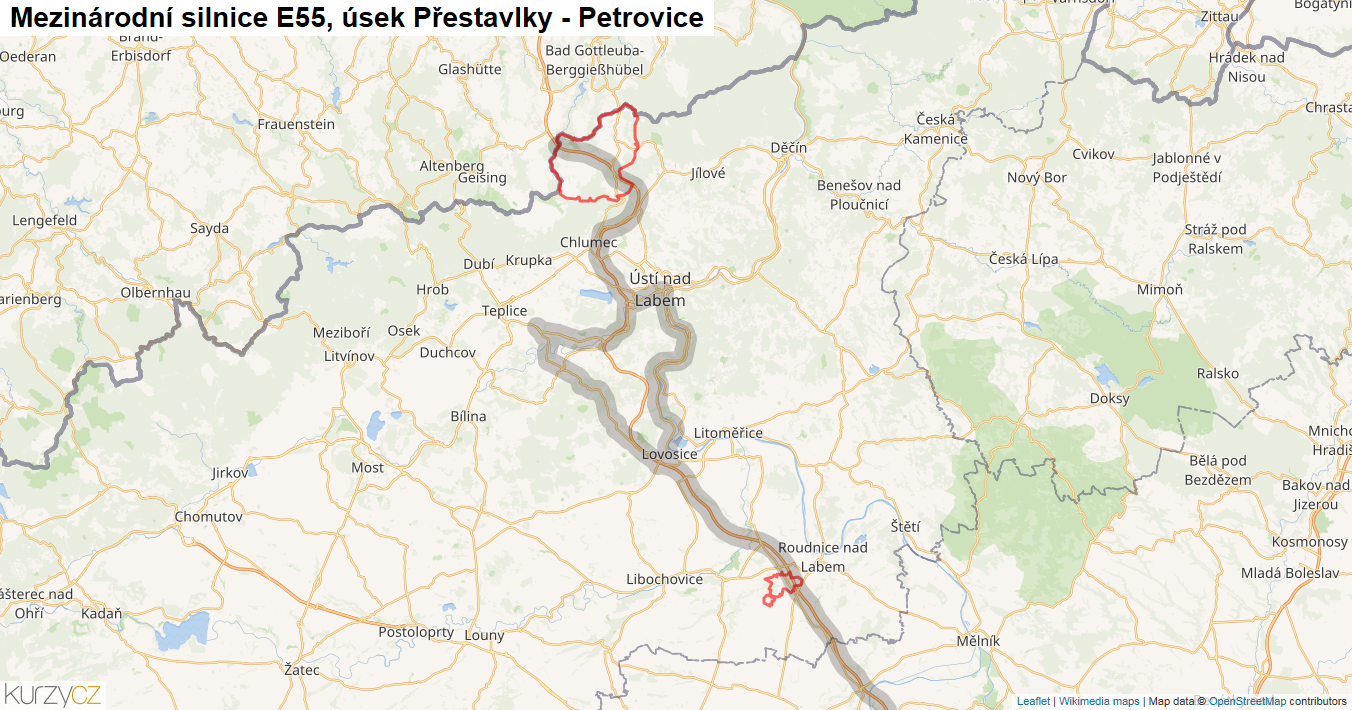 Úsek Přestavlky - Petrovice, Silnice E55 - Mapa
