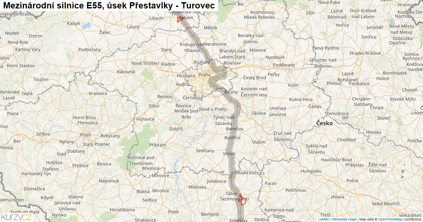 Úsek Přestavlky - Turovec, Silnice E55 - Mapa
