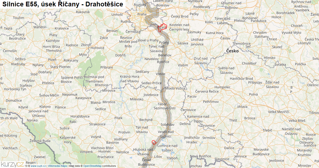 Úsek Říčany - Drahotěšice, Silnice E55 - Mapa