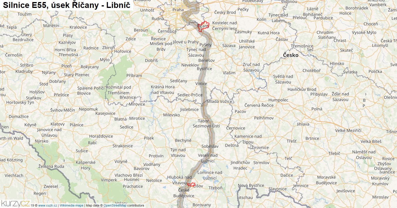 Úsek Říčany - Libníč, Silnice E55 - Mapa