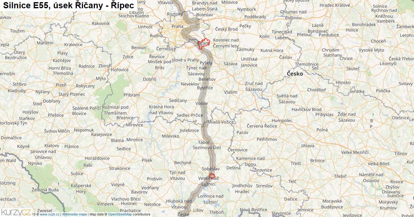 Úsek Říčany - Řípec, Silnice E55 - Mapa
