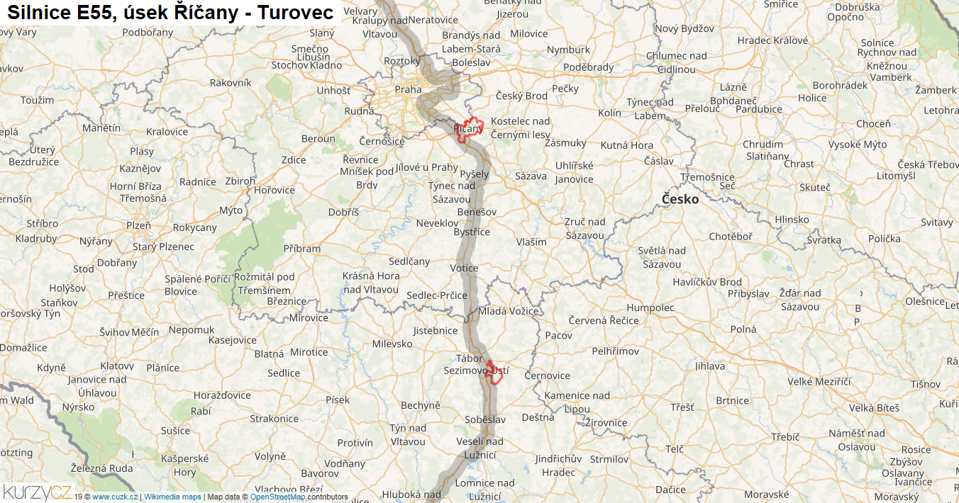 Úsek Říčany - Turovec, Silnice E55 - Mapa
