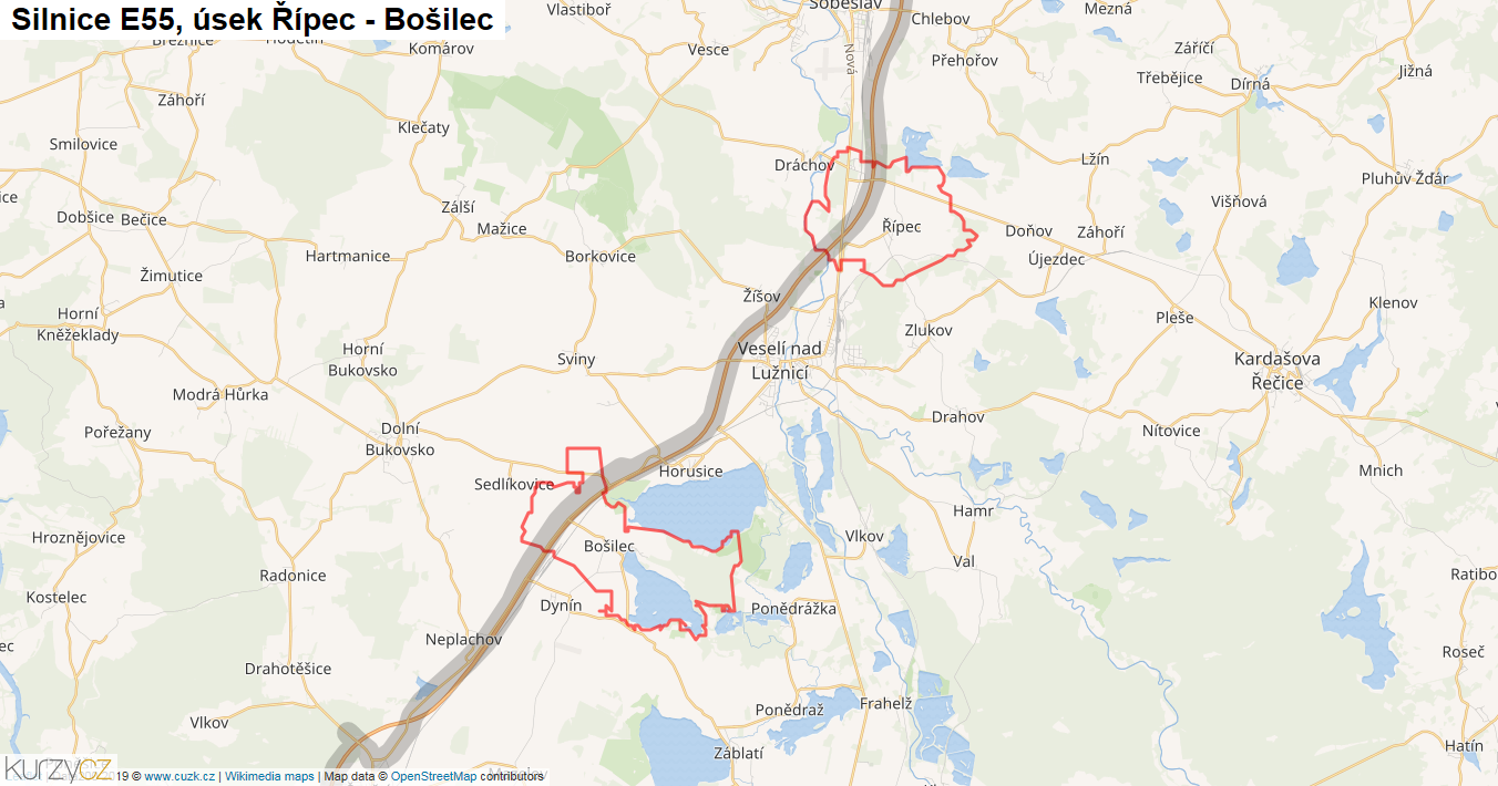 Úsek Řípec - Bošilec, Silnice E55 - Mapa