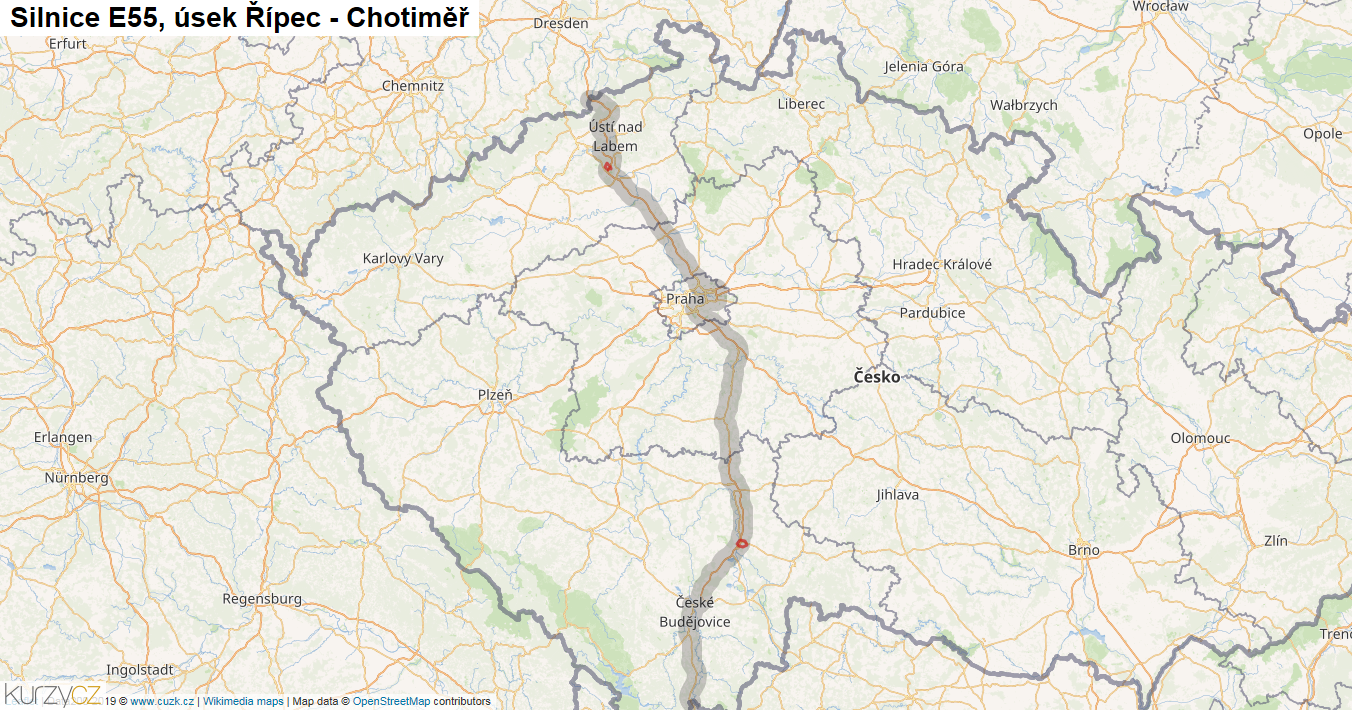 Úsek Řípec - Chotiměř, Silnice E55 - Mapa