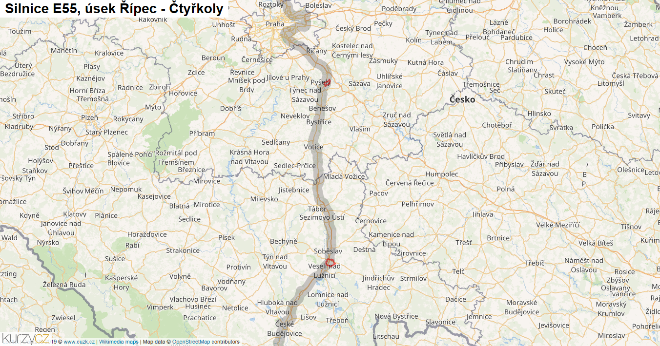 Úsek Řípec - Čtyřkoly, Silnice E55 - Mapa