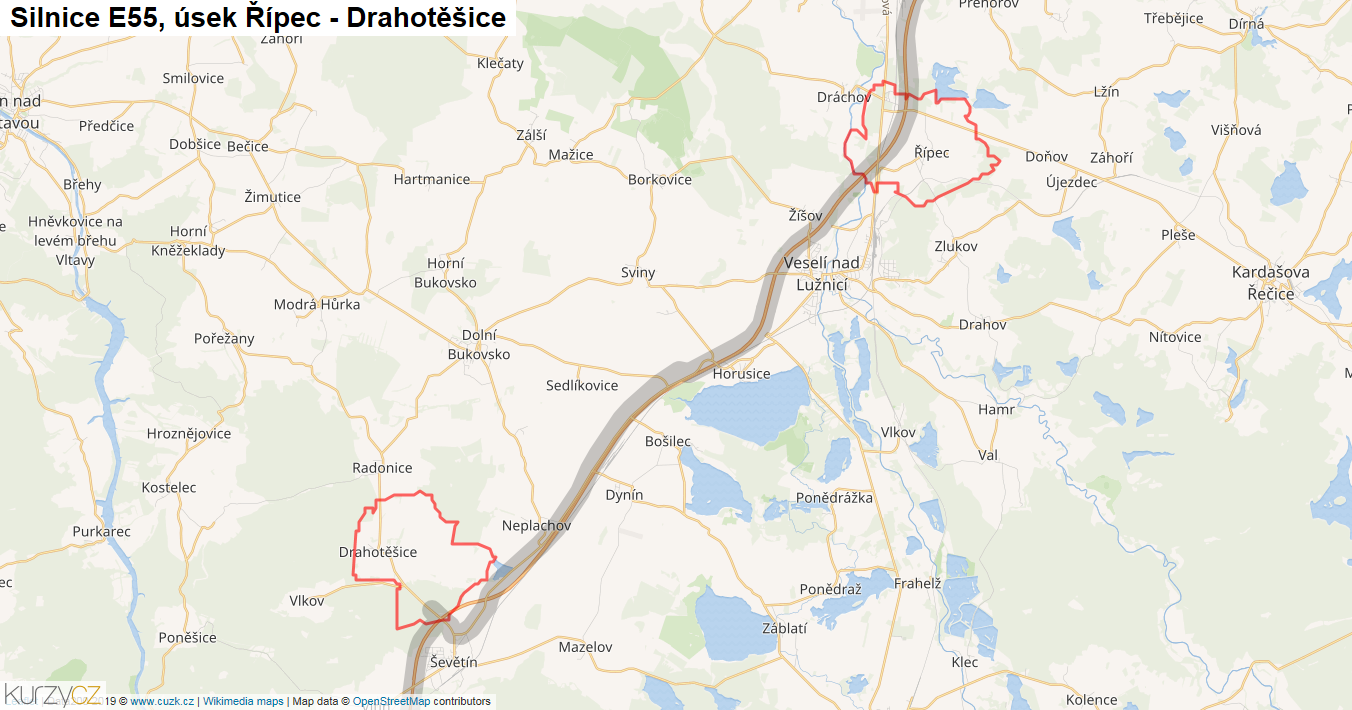 Úsek Řípec - Drahotěšice, Silnice E55 - Mapa