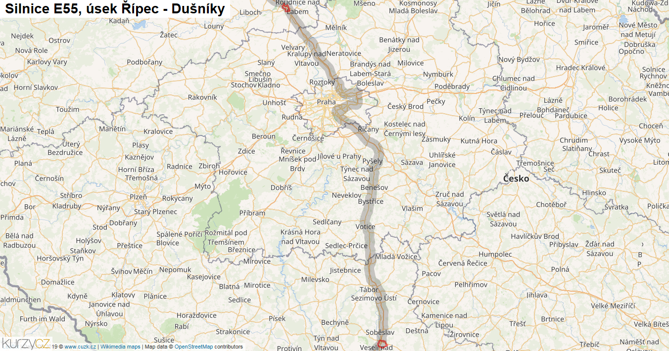 Úsek Řípec - Dušníky, Silnice E55 - Mapa