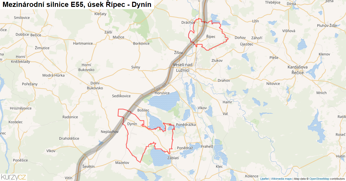 Úsek Řípec - Dynín, Silnice E55 - Mapa