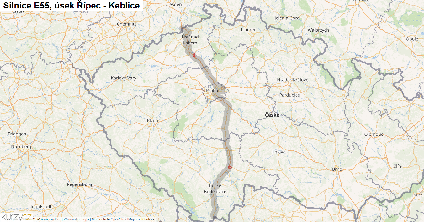 Úsek Řípec - Keblice, Silnice E55 - Mapa
