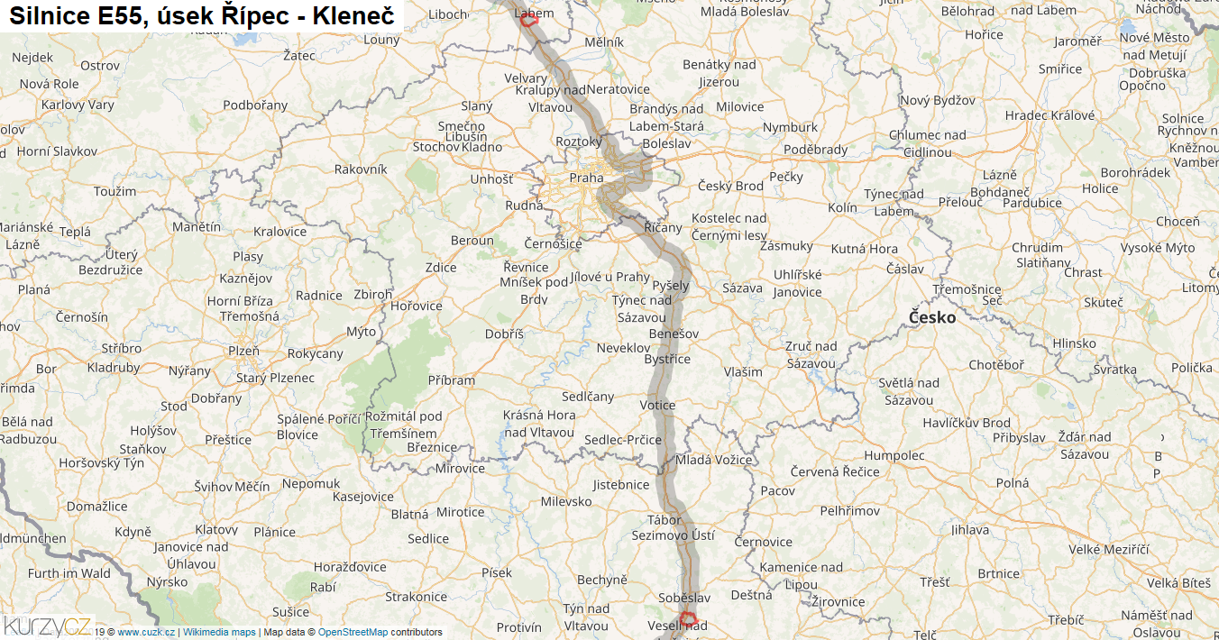 Úsek Řípec - Kleneč, Silnice E55 - Mapa