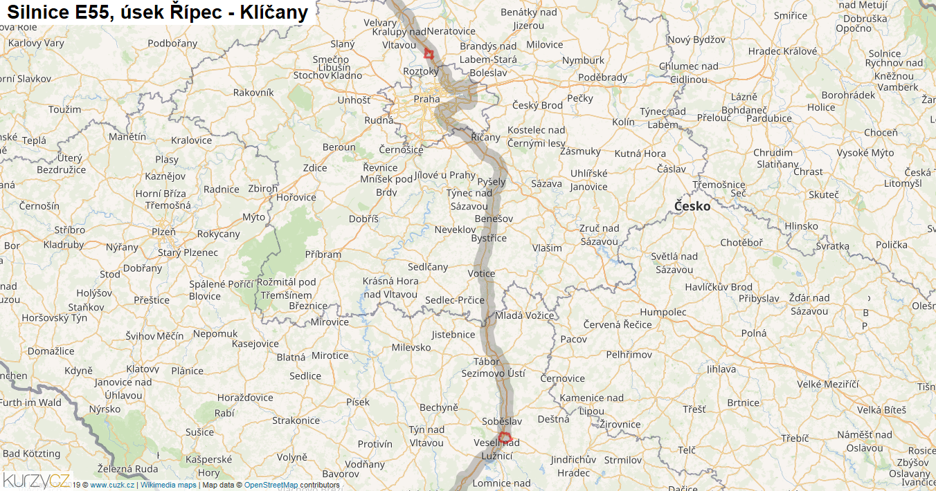 Úsek Řípec - Klíčany, Silnice E55 - Mapa