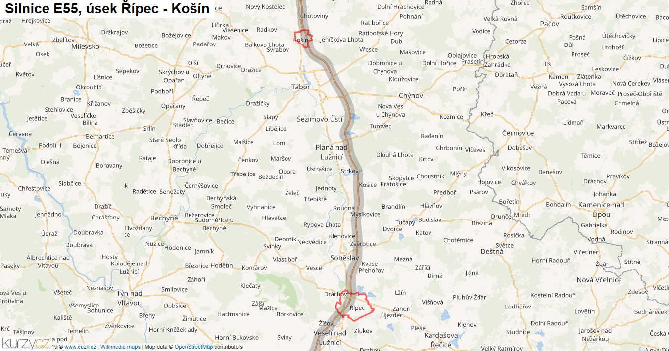 Úsek Řípec - Košín, Silnice E55 - Mapa
