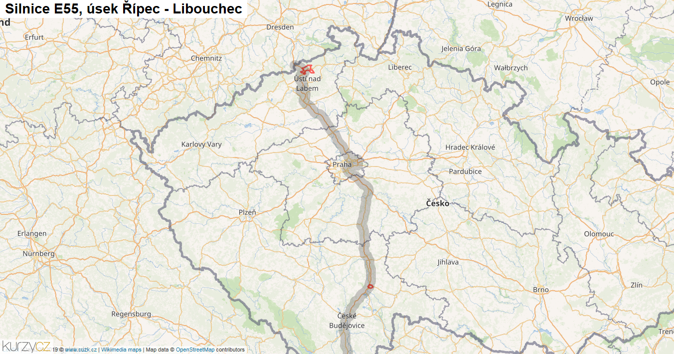 Úsek Řípec - Libouchec, Silnice E55 - Mapa
