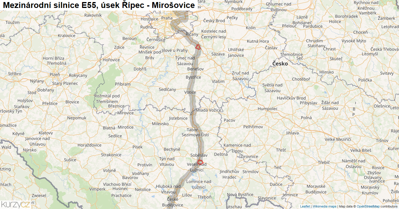 Úsek Řípec - Mirošovice, Silnice E55 - Mapa