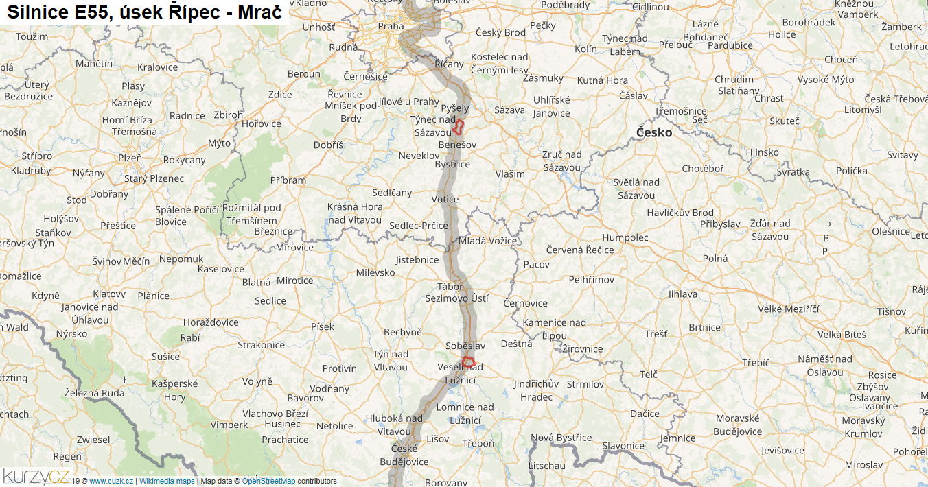 Úsek Řípec - Mrač, Silnice E55 - Mapa