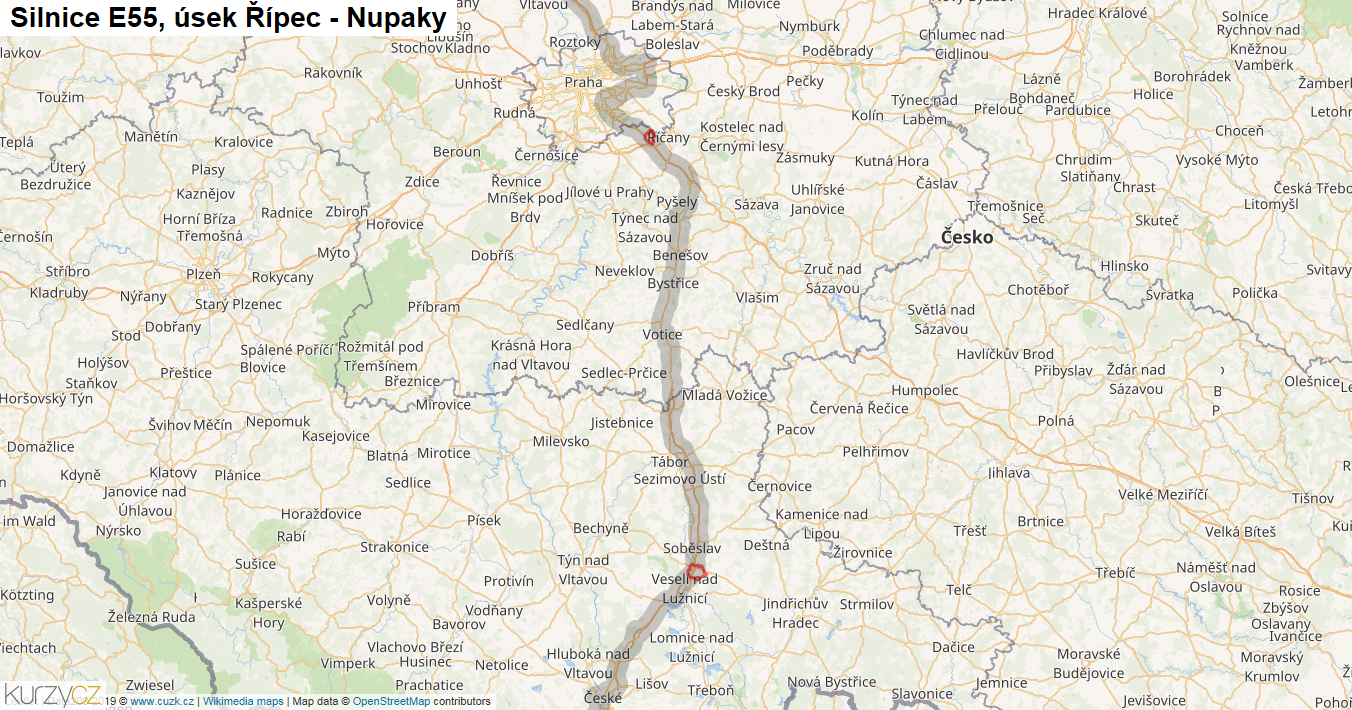 Úsek Řípec - Nupaky, Silnice E55 - Mapa