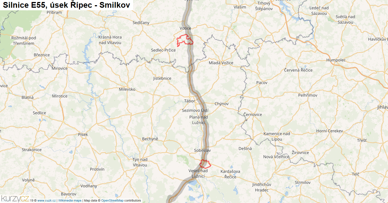 Úsek Řípec - Smilkov, Silnice E55 - Mapa