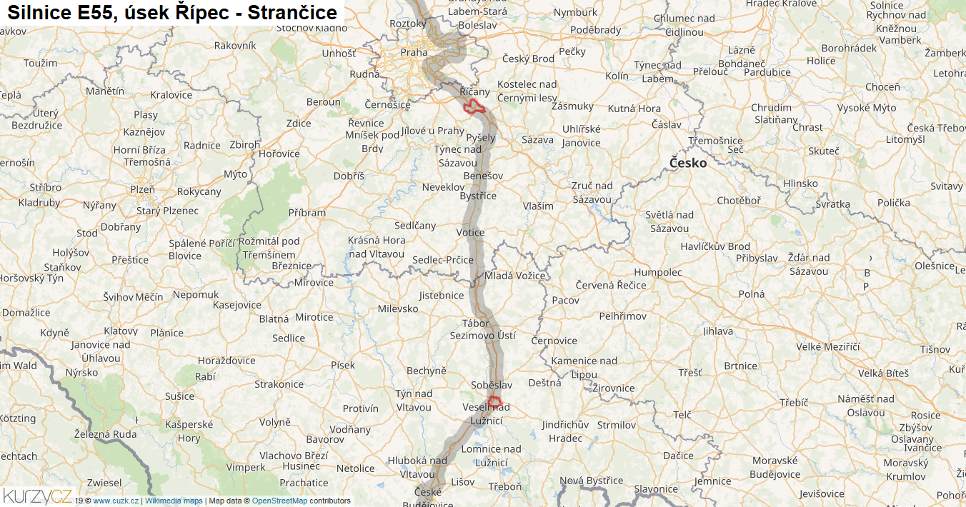 Úsek Řípec - Strančice, Silnice E55 - Mapa