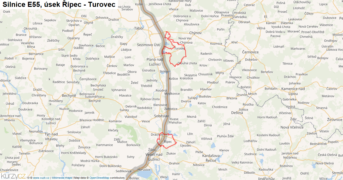 Úsek Řípec - Turovec, Silnice E55 - Mapa