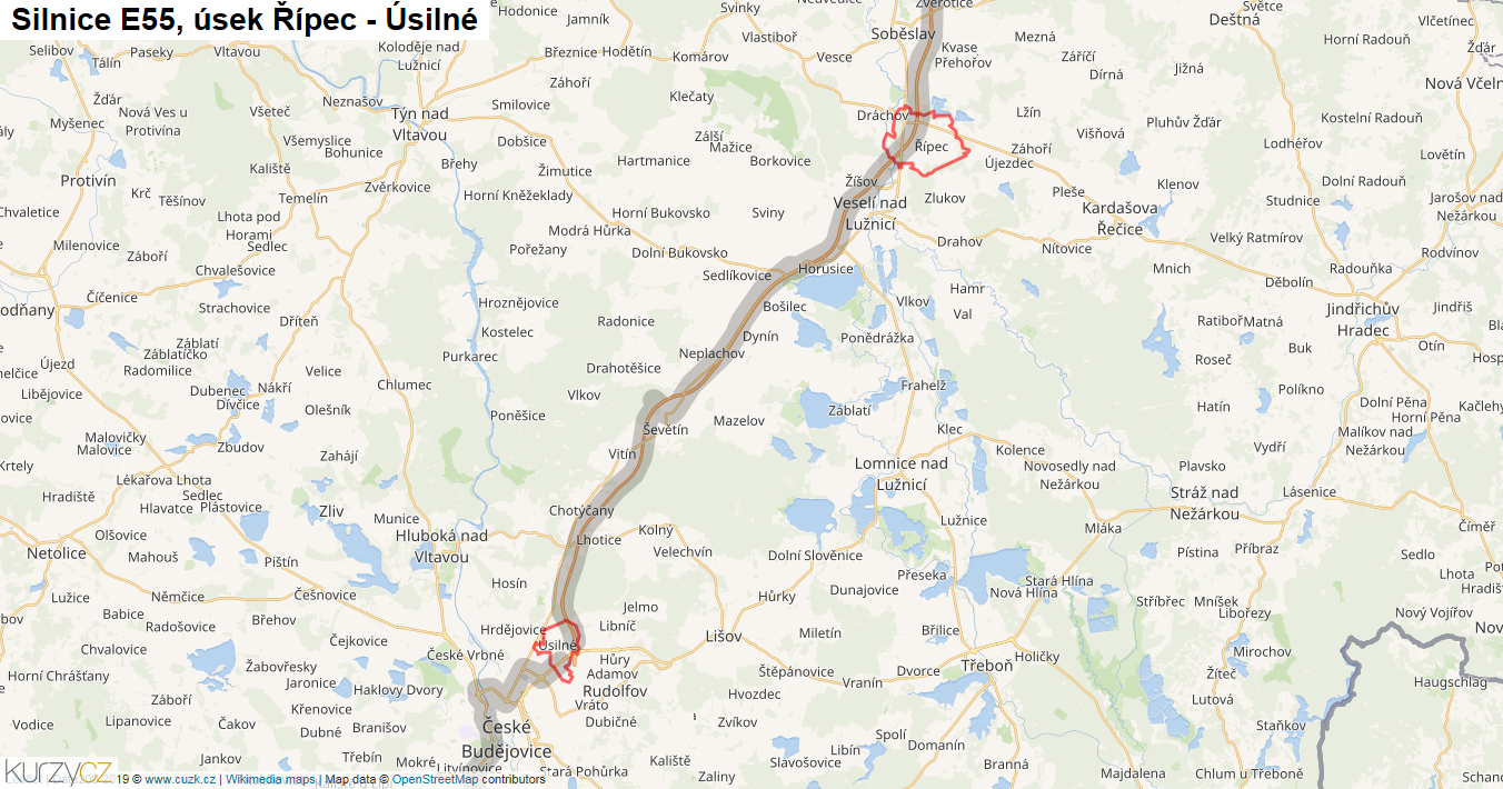 Úsek Řípec - Úsilné, Silnice E55 - Mapa