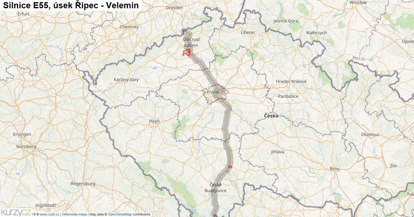 Úsek Řípec - Velemín, Silnice E55 - Mapa