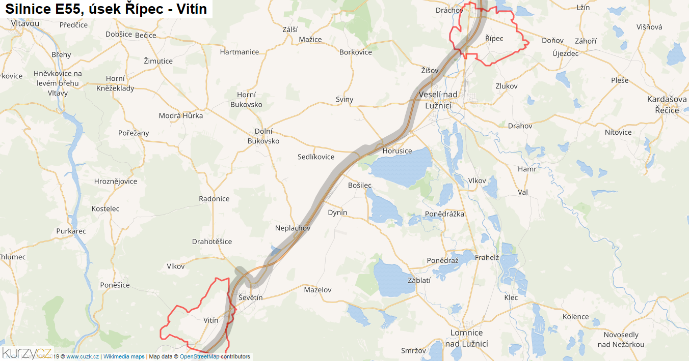 Úsek Řípec - Vitín, Silnice E55 - Mapa