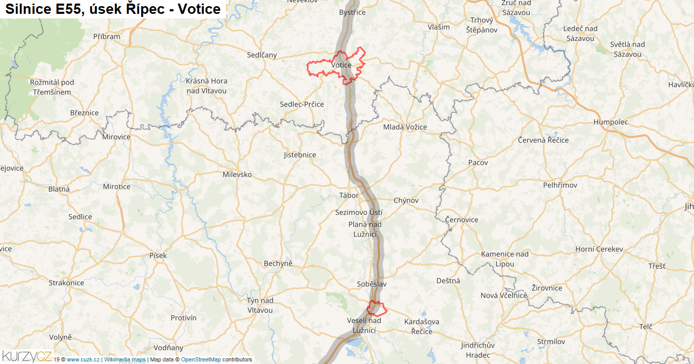 Úsek Řípec - Votice, Silnice E55 - Mapa