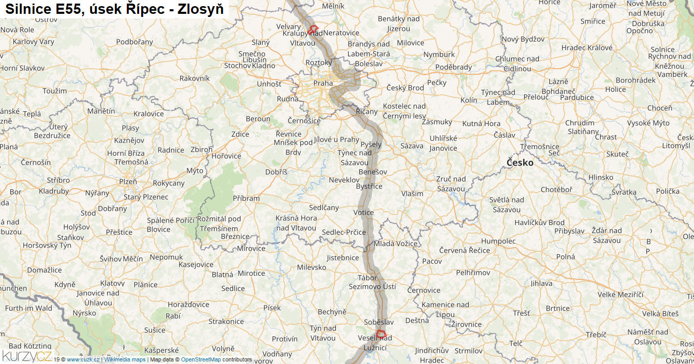 Úsek Řípec - Zlosyň, Silnice E55 - Mapa