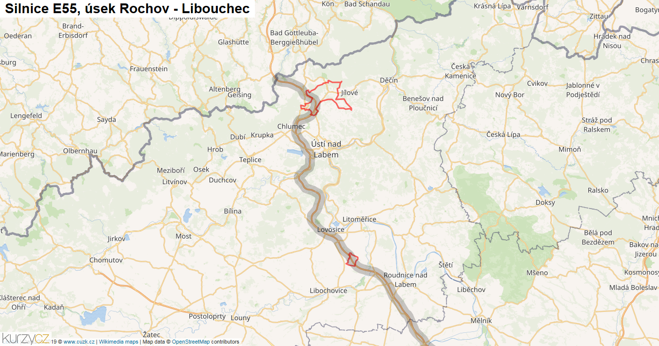 Úsek Rochov - Libouchec, Silnice E55 - Mapa