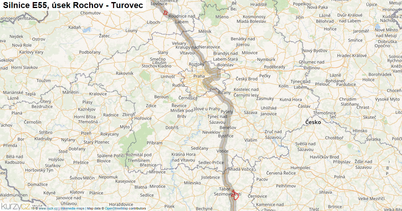 Úsek Rochov - Turovec, Silnice E55 - Mapa