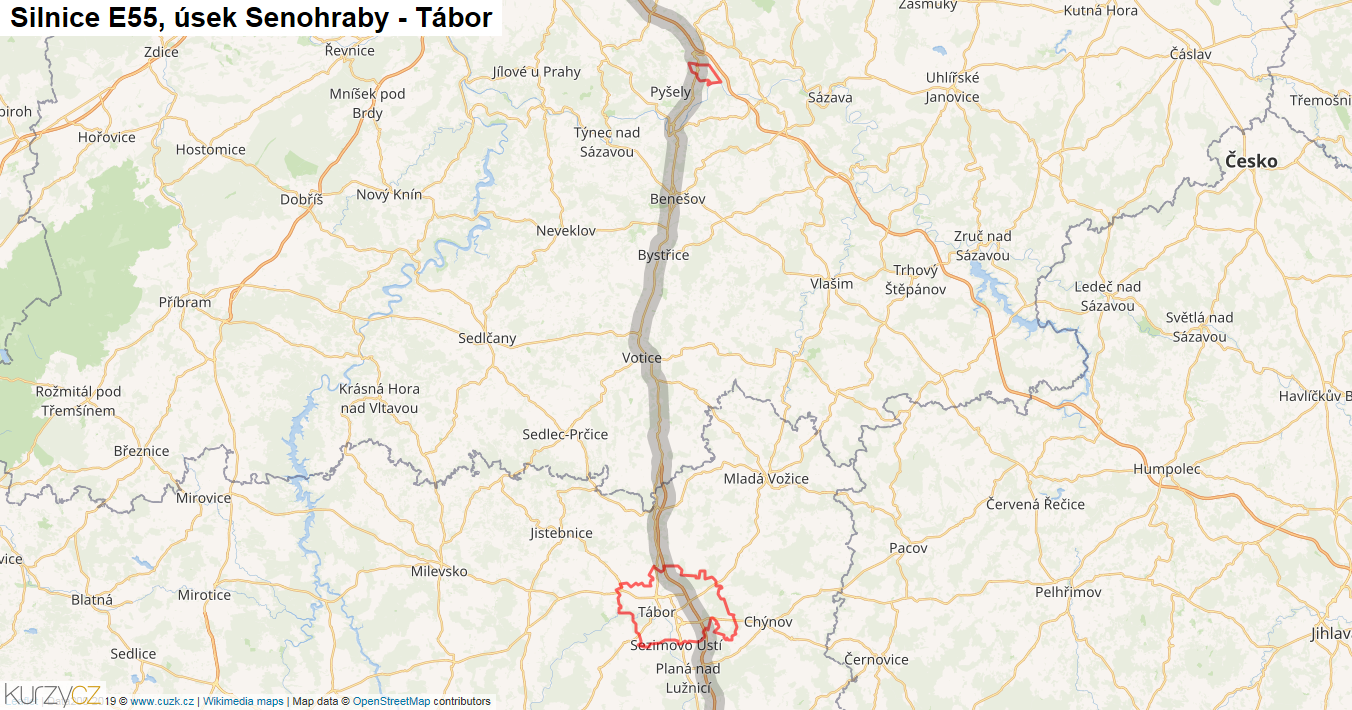 Úsek Senohraby - Tábor, Silnice E55 - Mapa
