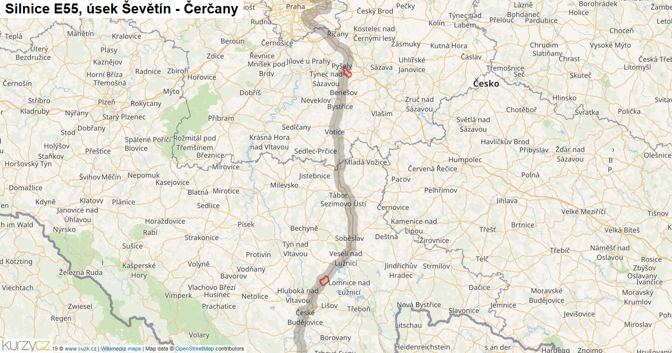 Úsek Ševětín - Čerčany, Silnice E55 - Mapa