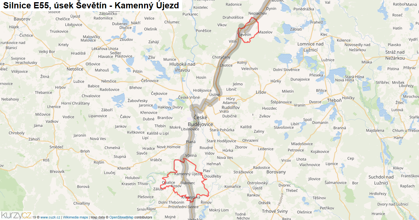 Úsek Ševětín - Kamenný Újezd, Silnice E55 - Mapa