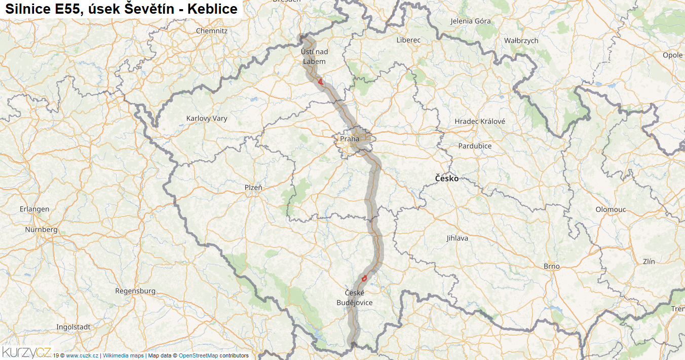Úsek Ševětín - Keblice, Silnice E55 - Mapa