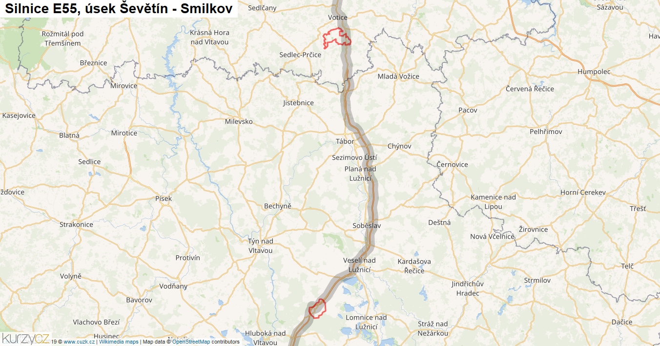 Úsek Ševětín - Smilkov, Silnice E55 - Mapa