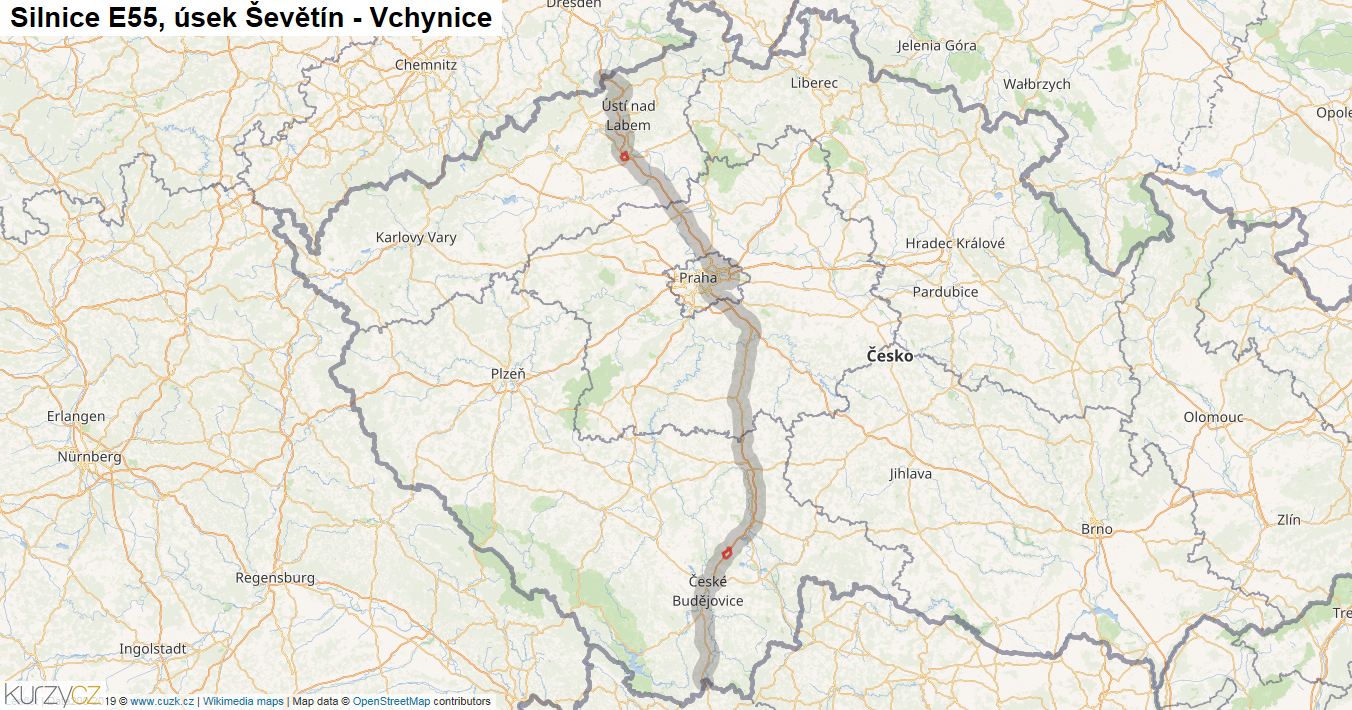 Úsek Ševětín - Vchynice, Silnice E55 - Mapa