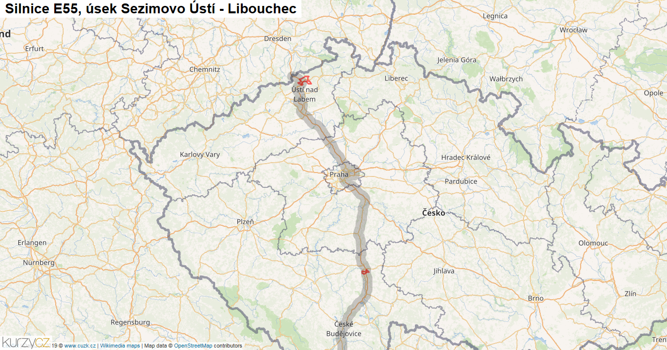 Úsek Sezimovo Ústí - Libouchec, Silnice E55 - Mapa