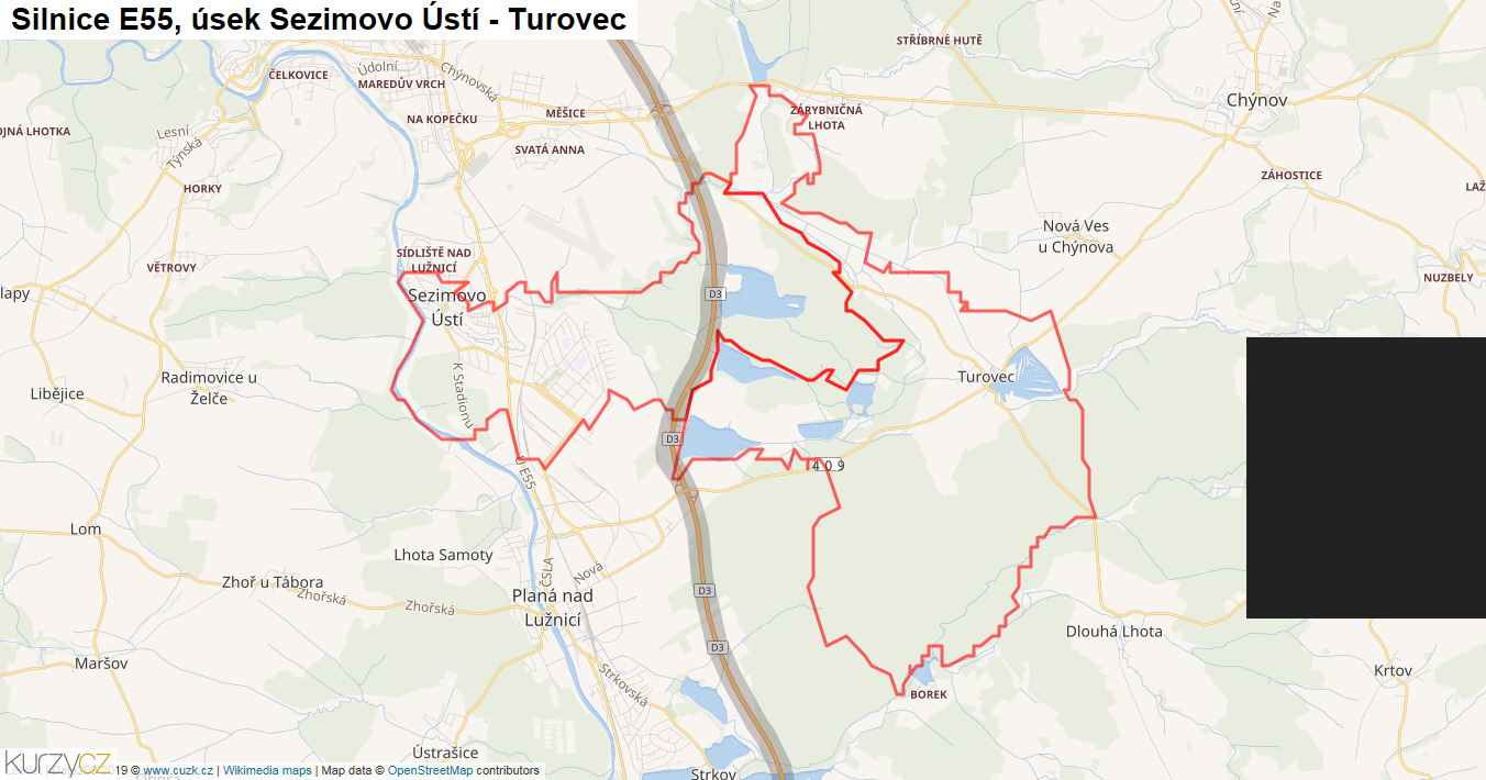 Úsek Sezimovo Ústí - Turovec, Silnice E55 - Mapa