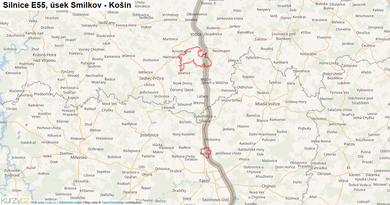 Úsek Smilkov - Košín, Silnice E55 - Mapa