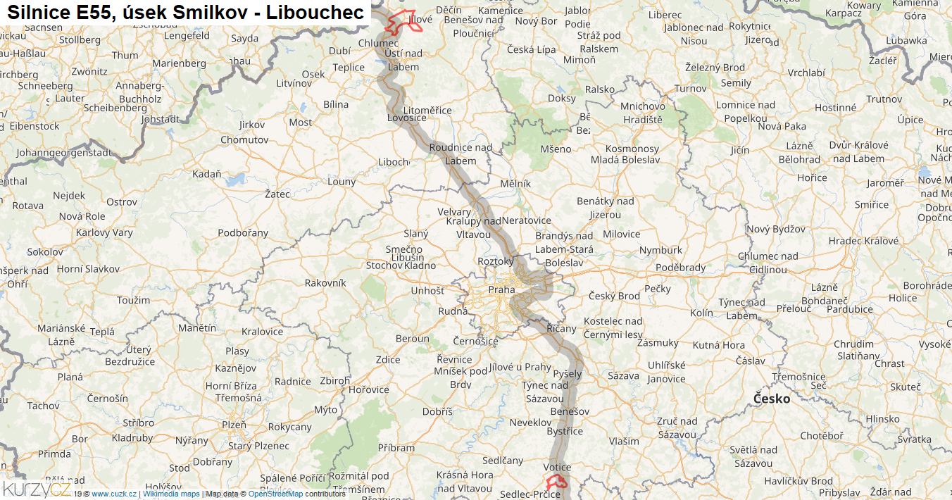 Úsek Smilkov - Libouchec, Silnice E55 - Mapa